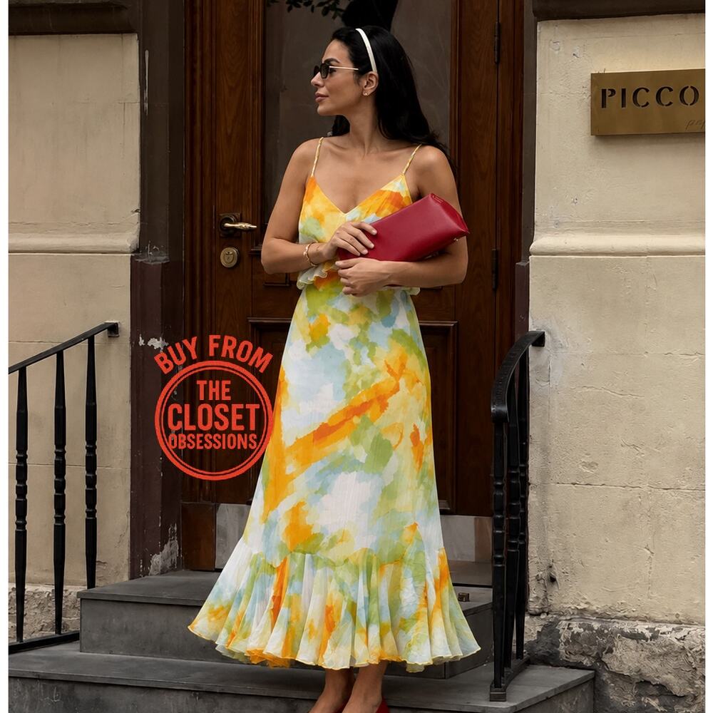 Zara NWT Yellow Floral Ruffle Midi Dress M - Picture 12 of 16